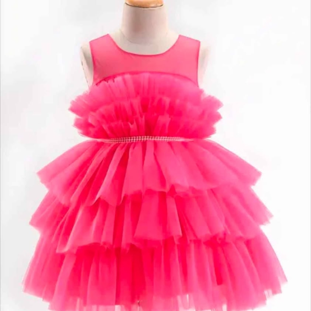 New Vibrant Pink Layered Tulle Dress For Girls